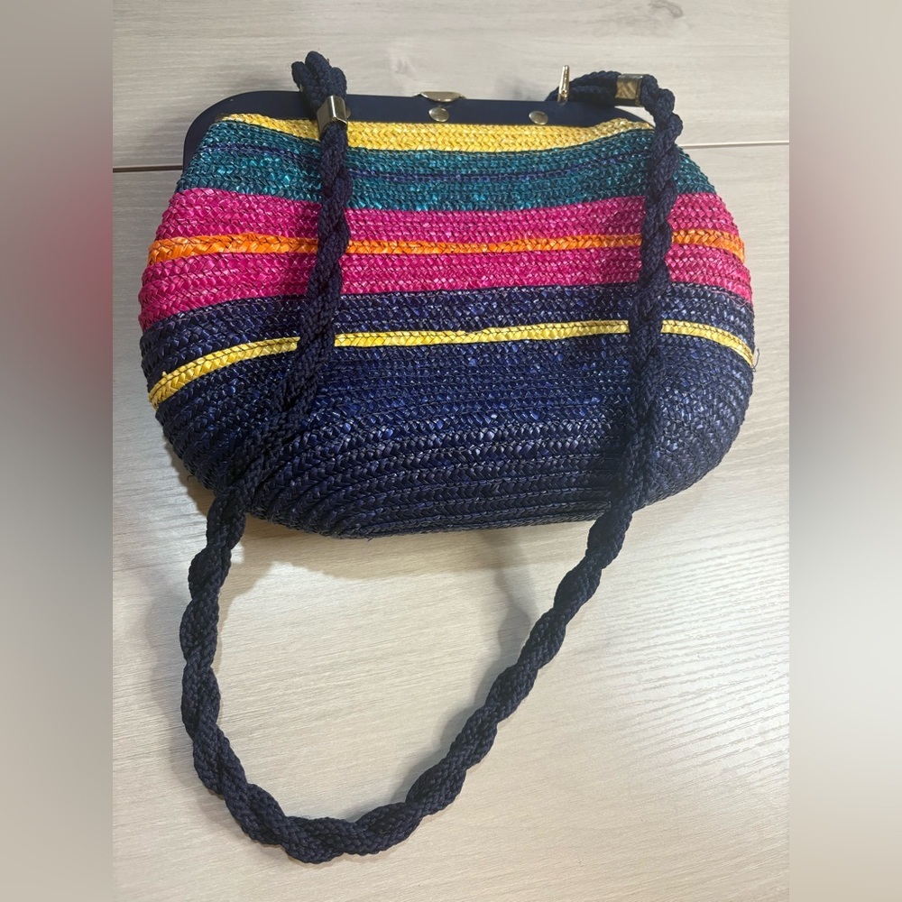 Vintage Multicolor Woven Straw Shoulder Bag – Brass Frame &‎ Braided Strap - Picture 5 of 16